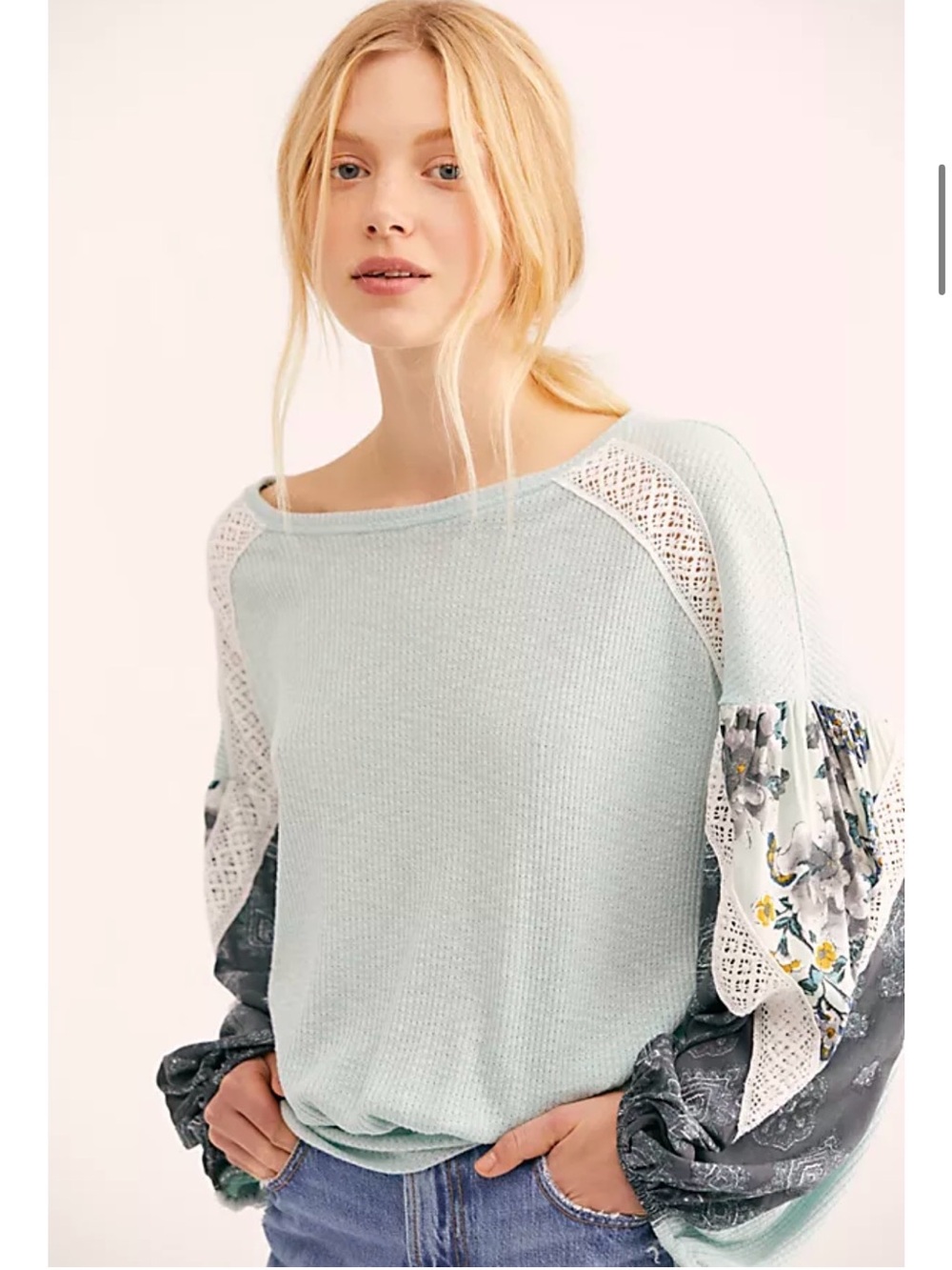 Free People Mint Green Mixed-Sleeve Pullover with Floral Panels